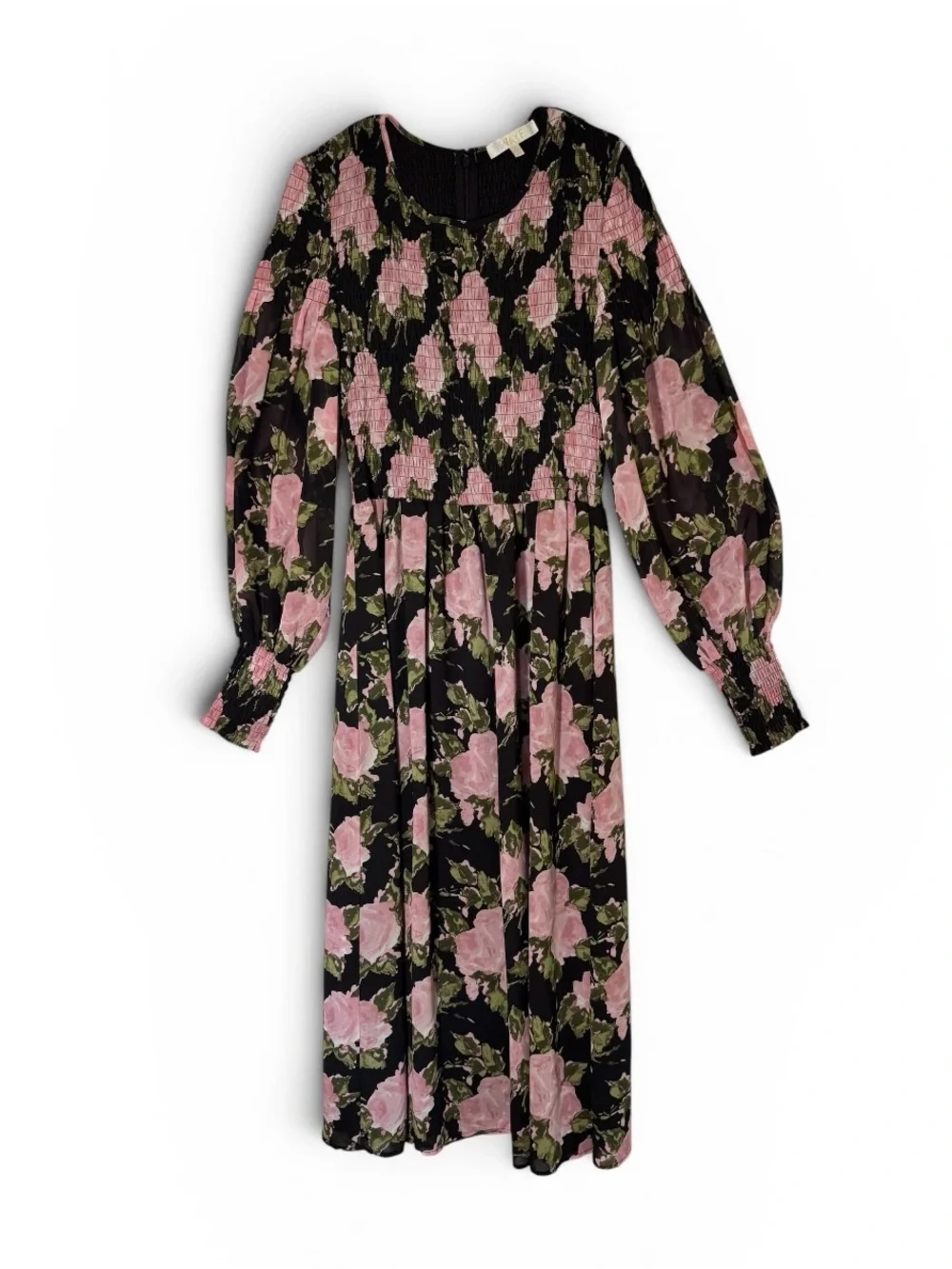 WAYF Floral Smocked Midi Dress Women’s Small Black Pink Rose Long Sleeve Lined